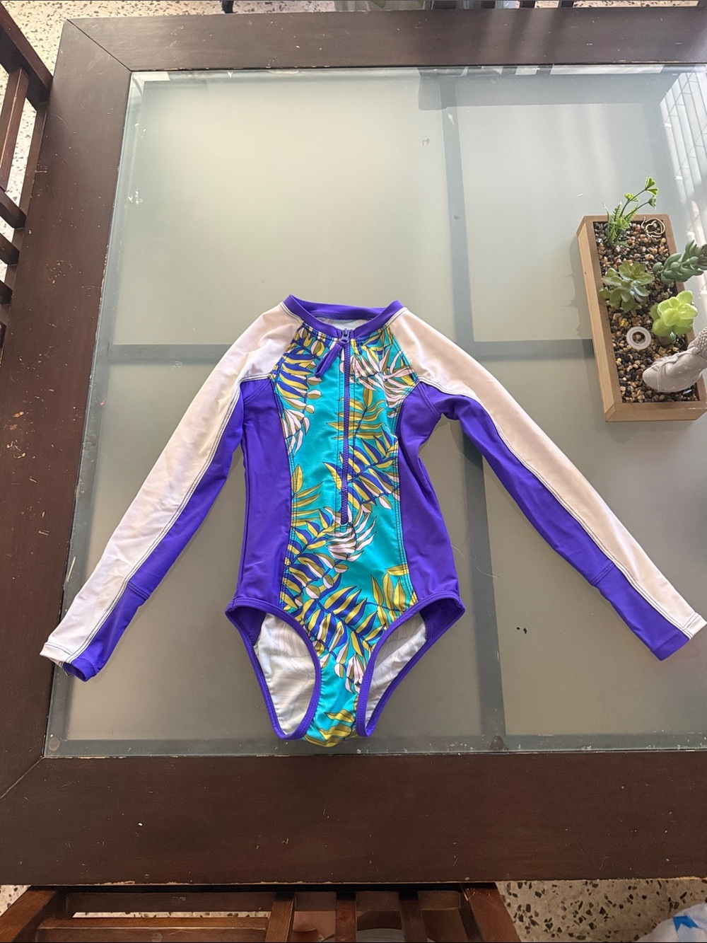 the room Purple, Teal & White Long-Sleeve Kids Rashguard One-Piece